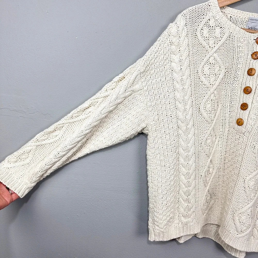 Vintage Lydia Jane Sweater Womens L Cream Hand Knitted Cable Henley Ramie Cotton - Picture 13 of 13